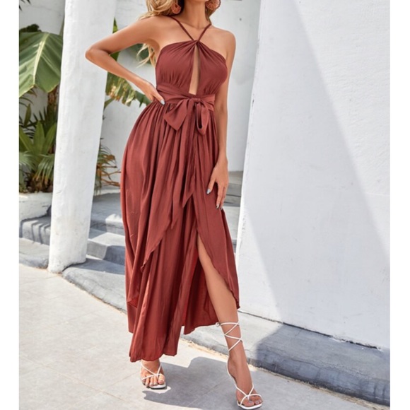 SOLD OUT CLEARANCE Brown Sexy High Slit Plunge Belted Dress - Picture 6 of 6